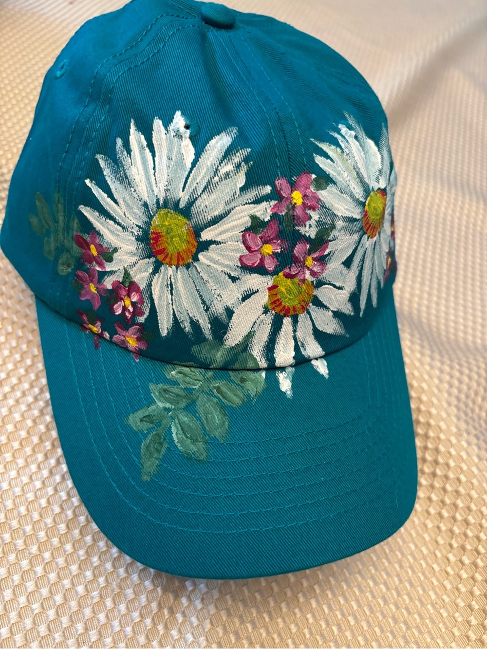 Hand painted floral adjustable turquoise baseball cap with daises & pink flowers